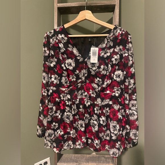 Torrid Peplum Chiffon Floral Blouson Sleeve Top - Picture 5 of 13